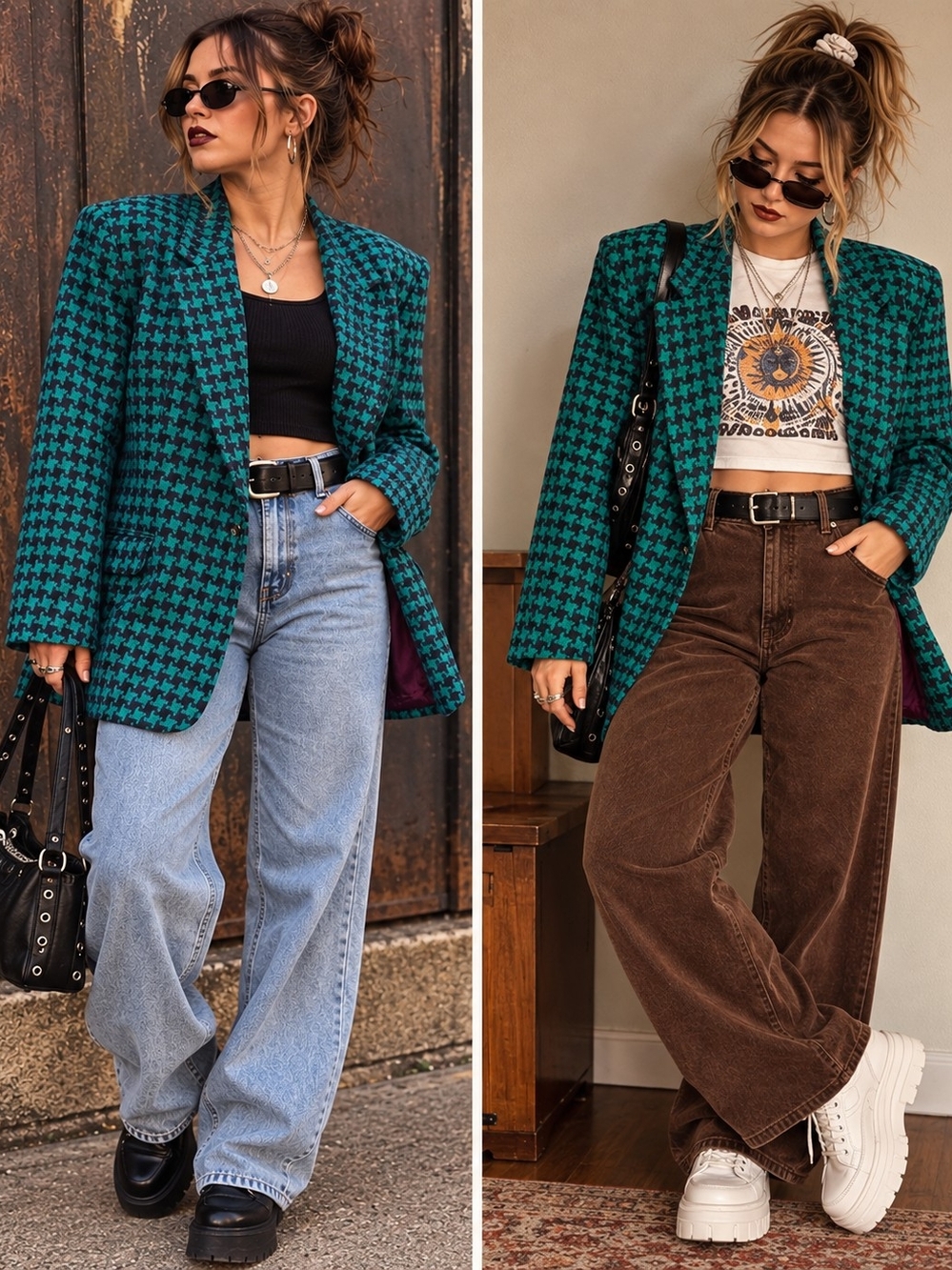 Vintage 90s Koret Blazer Women 10 Teal Navy Houndstooth Oversized Wool Blend